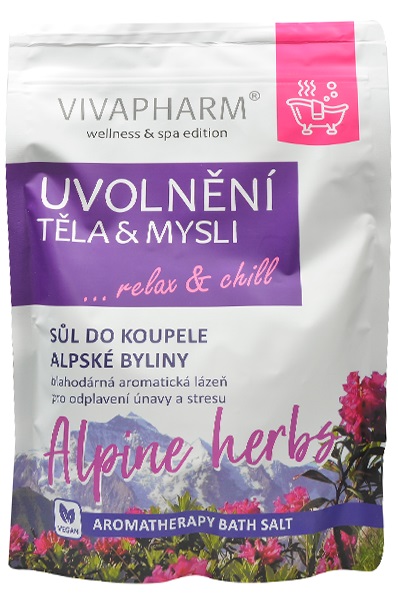 Vivaco VIVAPHARM Soľ do kúpeľa alpské byliny UVOĽNENIE TELA A MYSLE relax&chill 1000g
