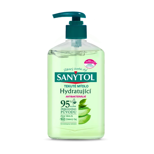 Sanytol antibakteriálne mydlo 95% prírodného pôvodu zelený čaj a aloe 250ml